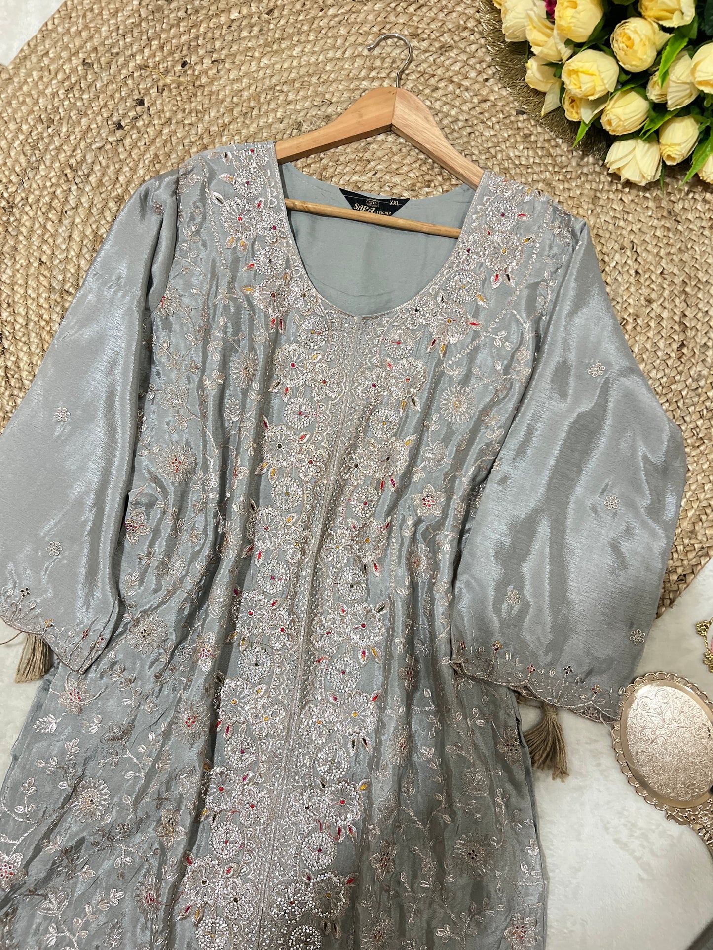 Premium suit set in silk with full embroidery and stone work CBRP2064