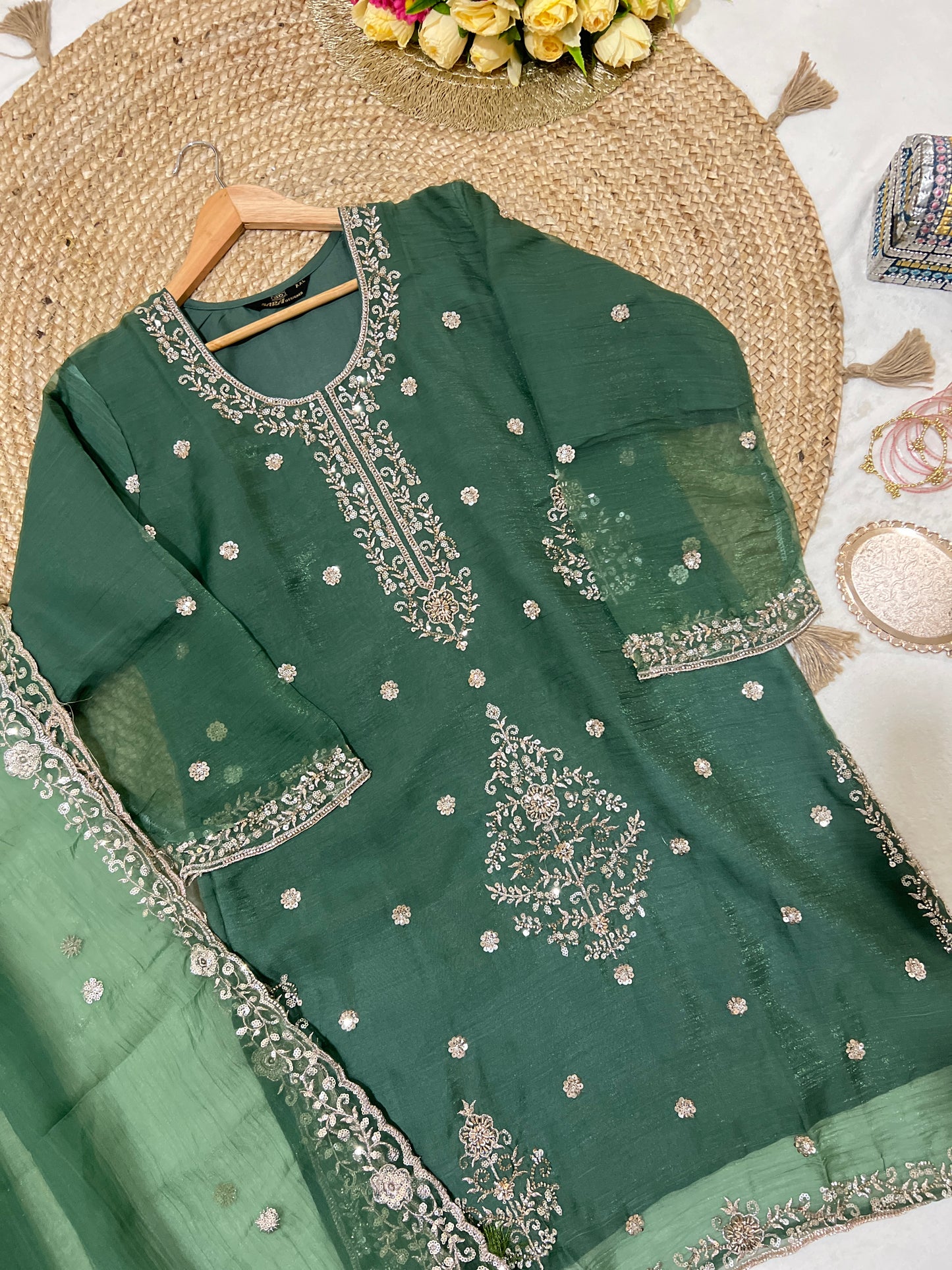 Premium suit set in soft organza with handwork sequence CBRP2064
