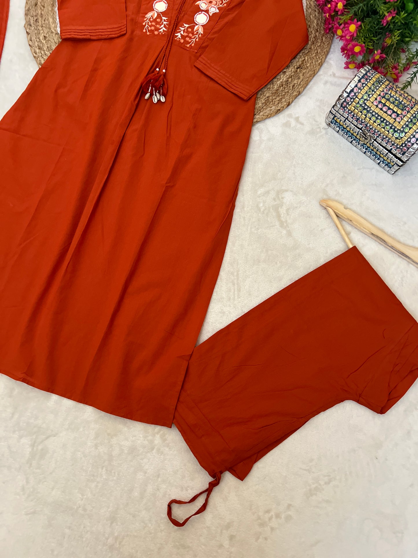 Premium cotton suit set ( embroidery mirror and sequins work & tessal on neck , dupatta with full embroidery )