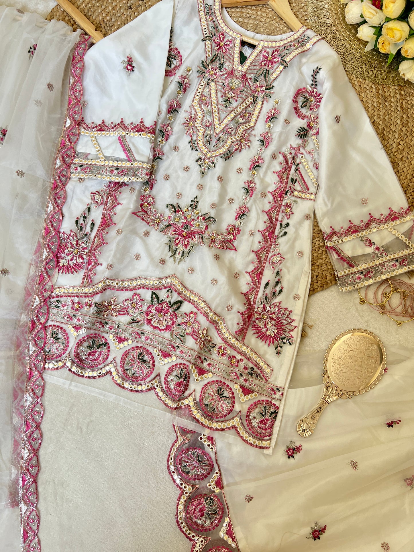 Premium suit set

Organza Material dress with full embroidery and sequins work CBRP2064