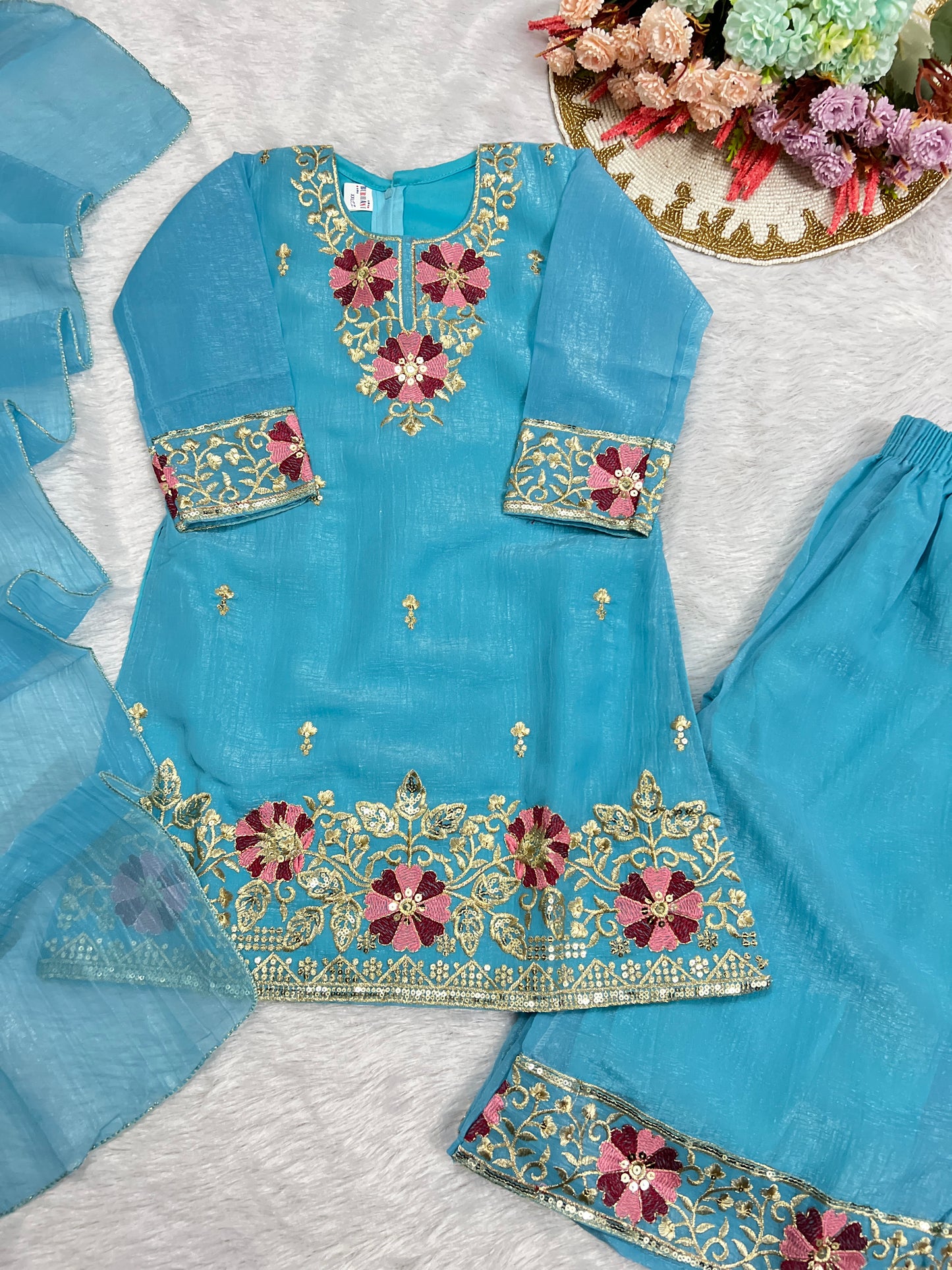 Premium kids dress in light weight organza with full embroidery and sequins work (5 AED Discount on prepaid orders)