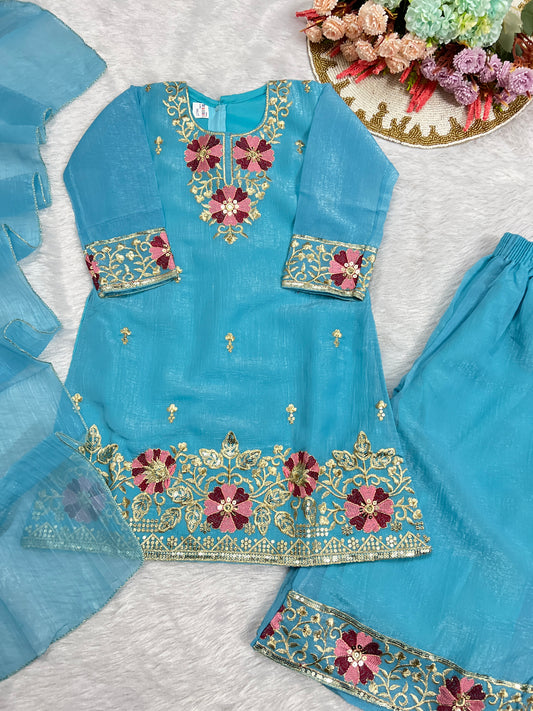 Premium kids dress in light weight organza with full embroidery and sequins work (5 AED Discount on prepaid orders)