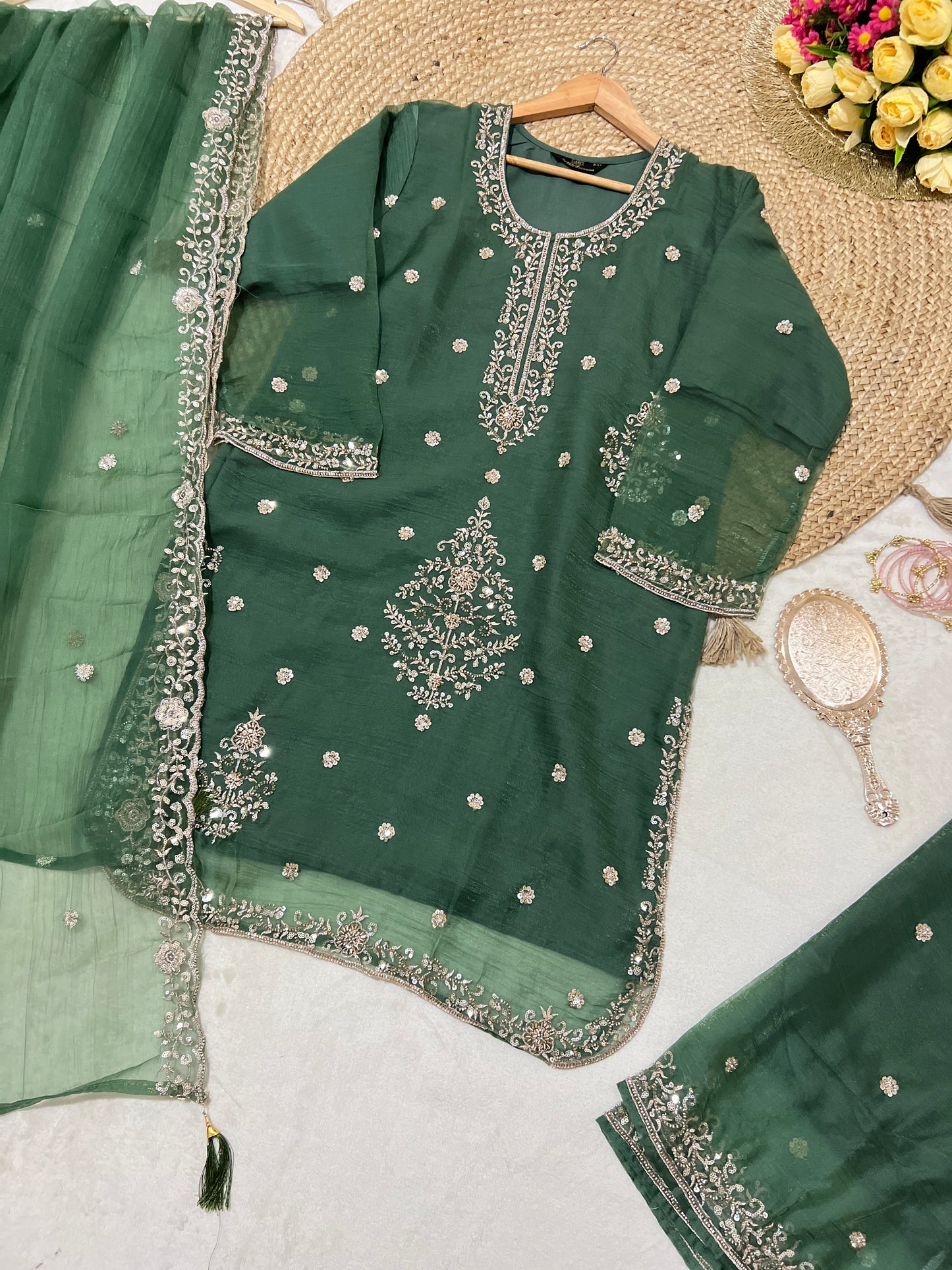 Premium suit set in soft organza with handwork sequence CBRP2064