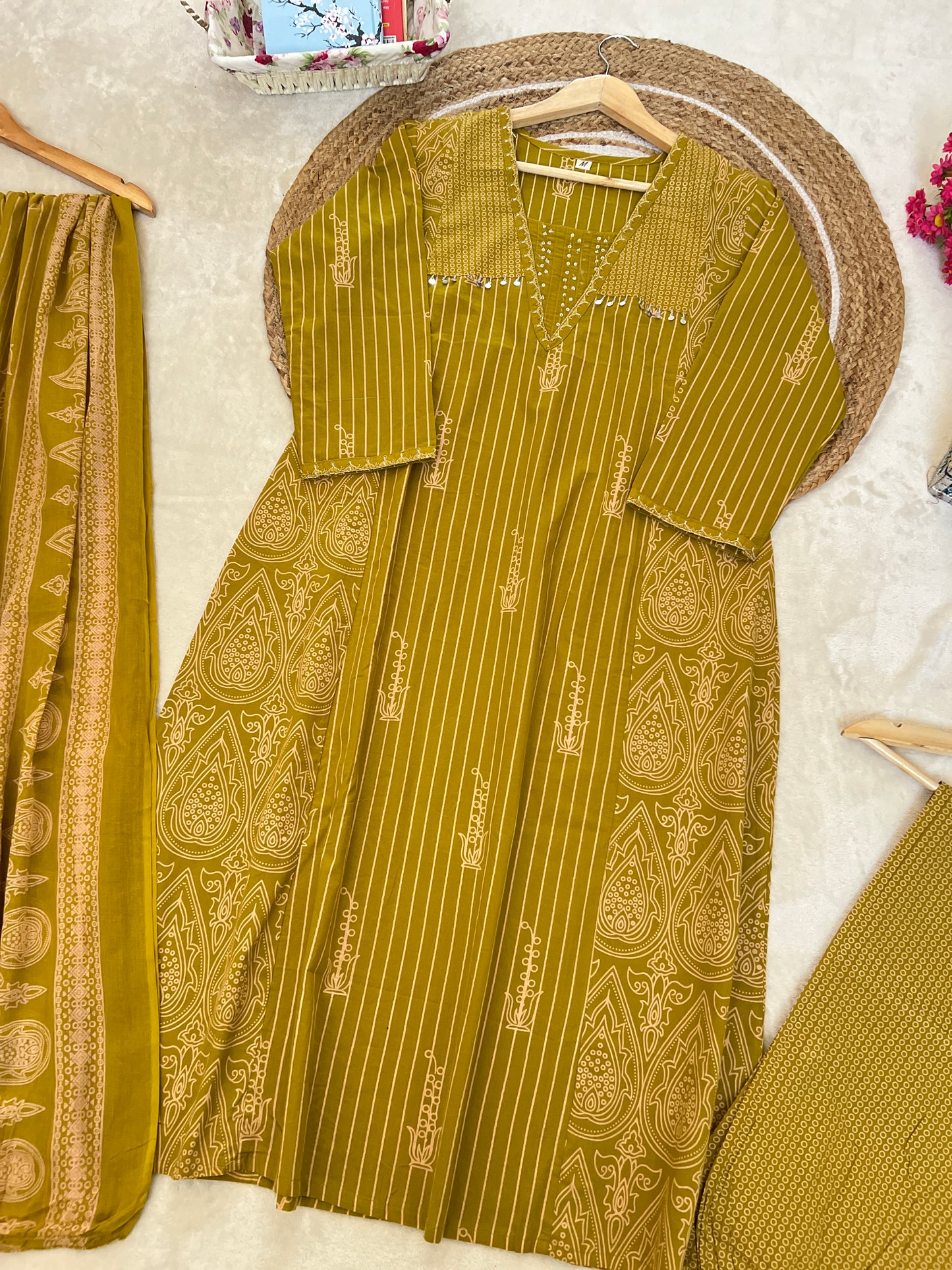 Premium cotton suit set ( sequins work on neck)