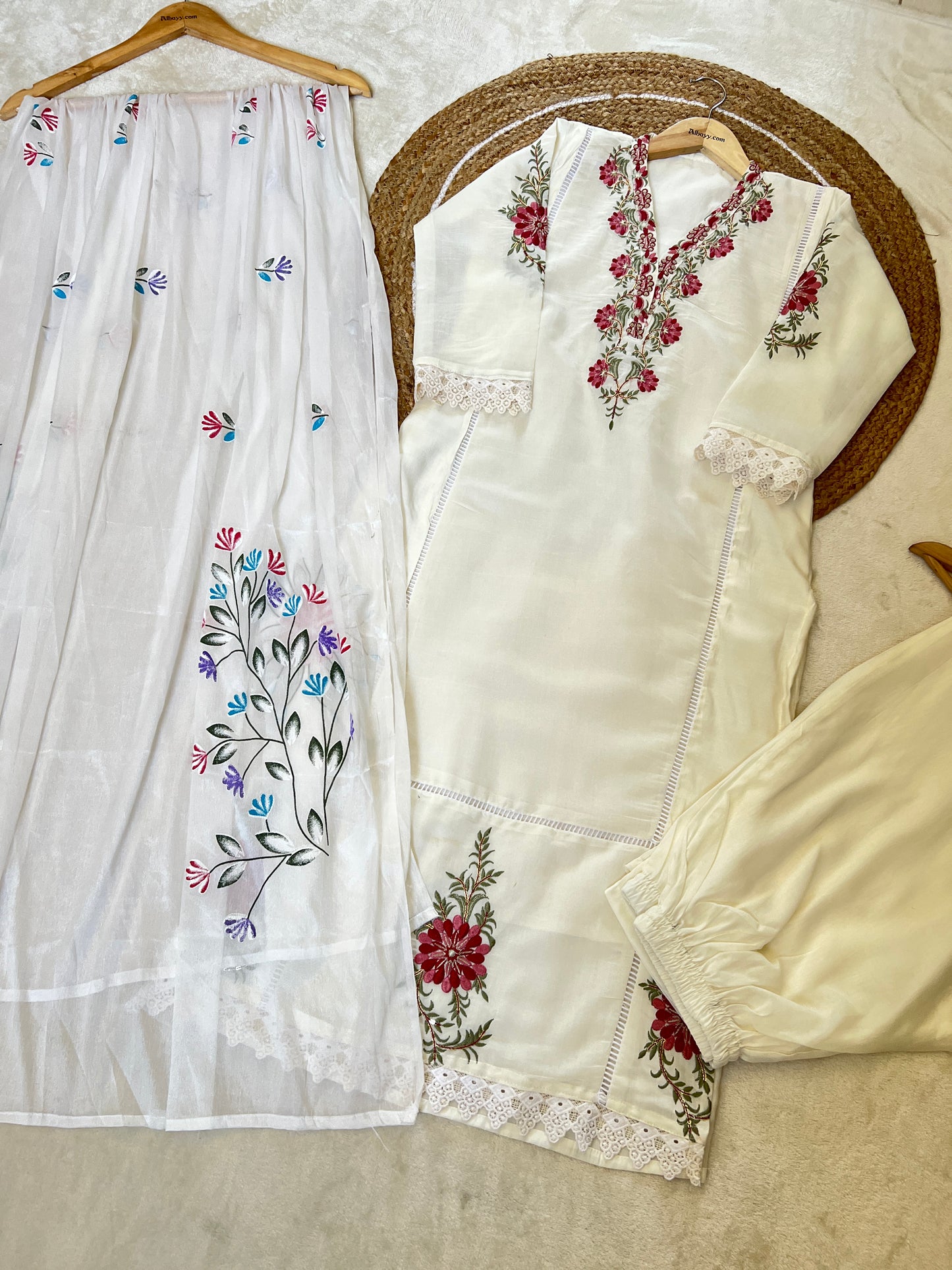 Beautiful dress with embroidery work and pant work on dupatta