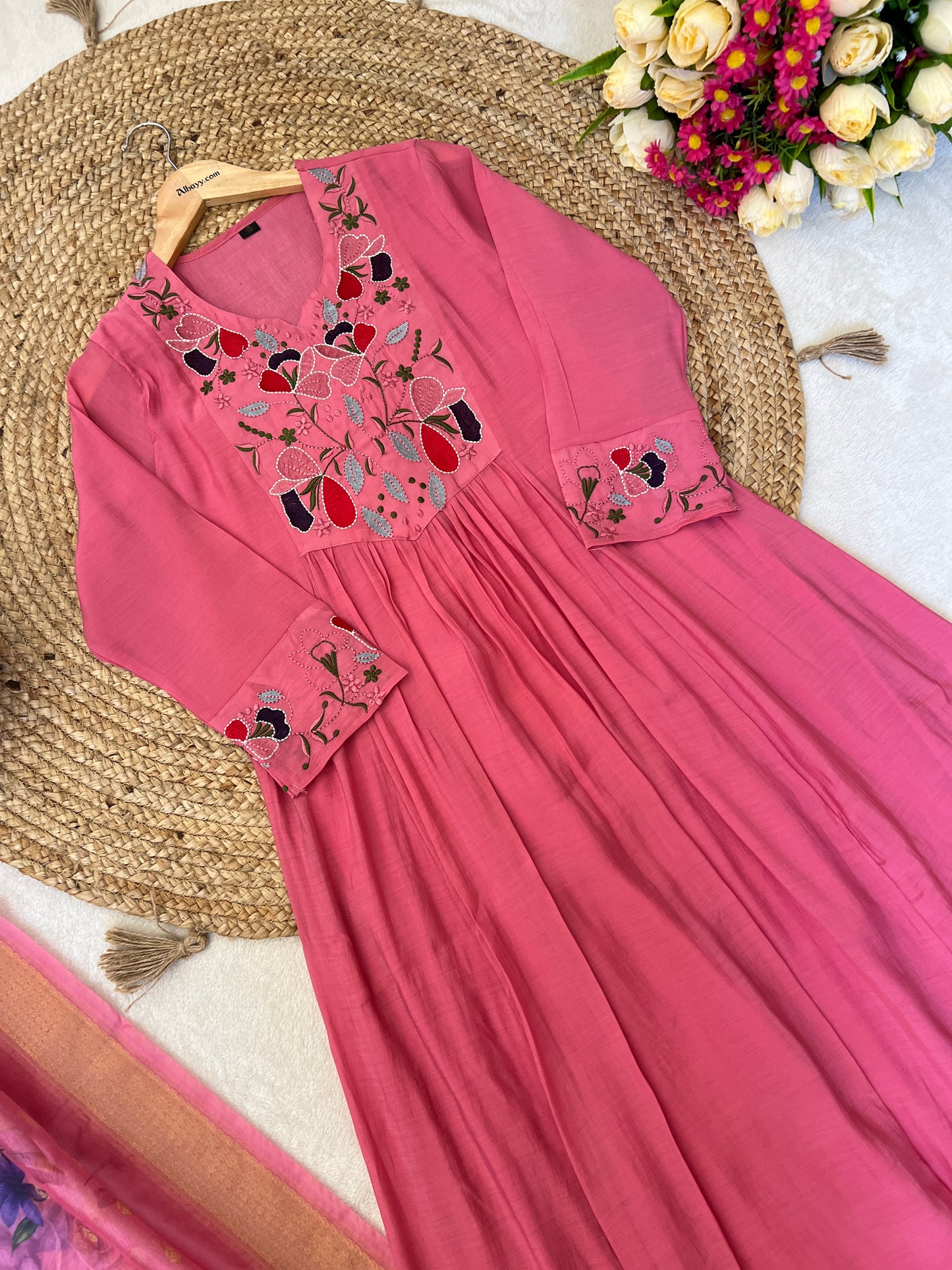 Muslin silk Anarkali with full embroidery Organza dupatta CBRP 1044