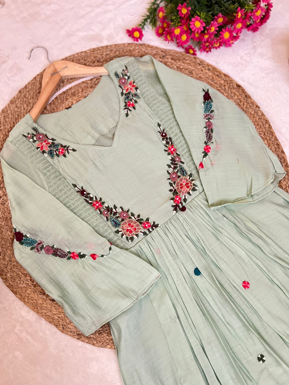 Premium embroidered frock with bell sleeves muslin silk material