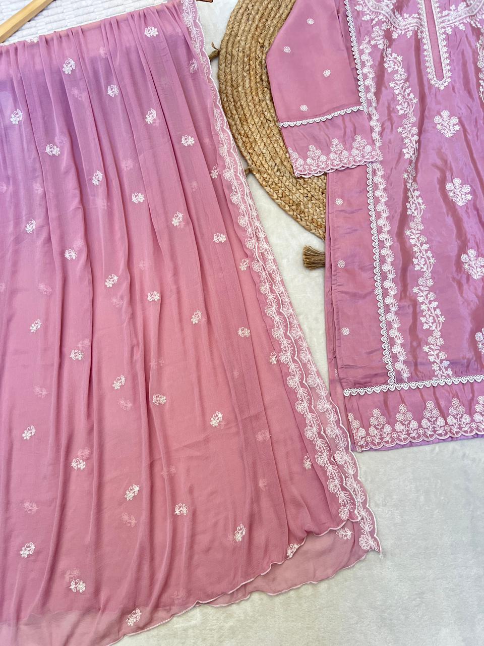 Mauve silk embroiderd 3 pc suit set CBPR1044