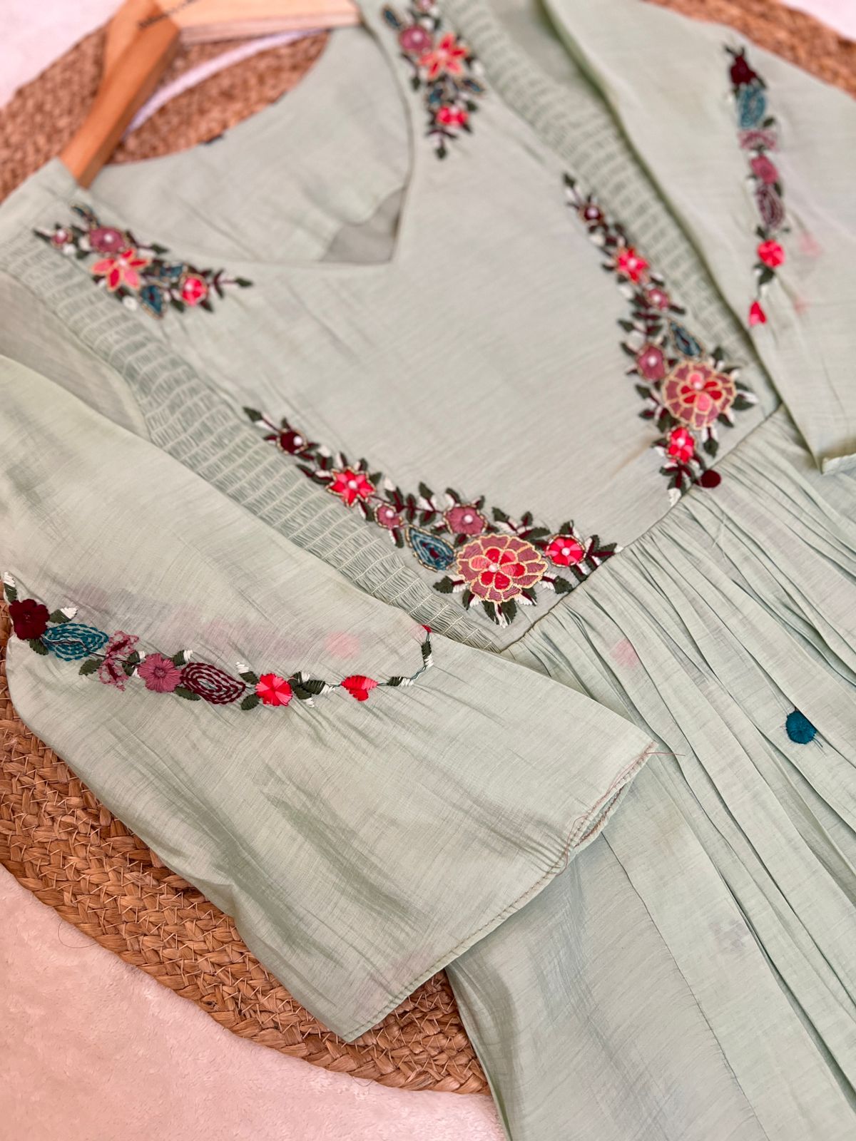 Premium embroidered frock with bell sleeves muslin silk material