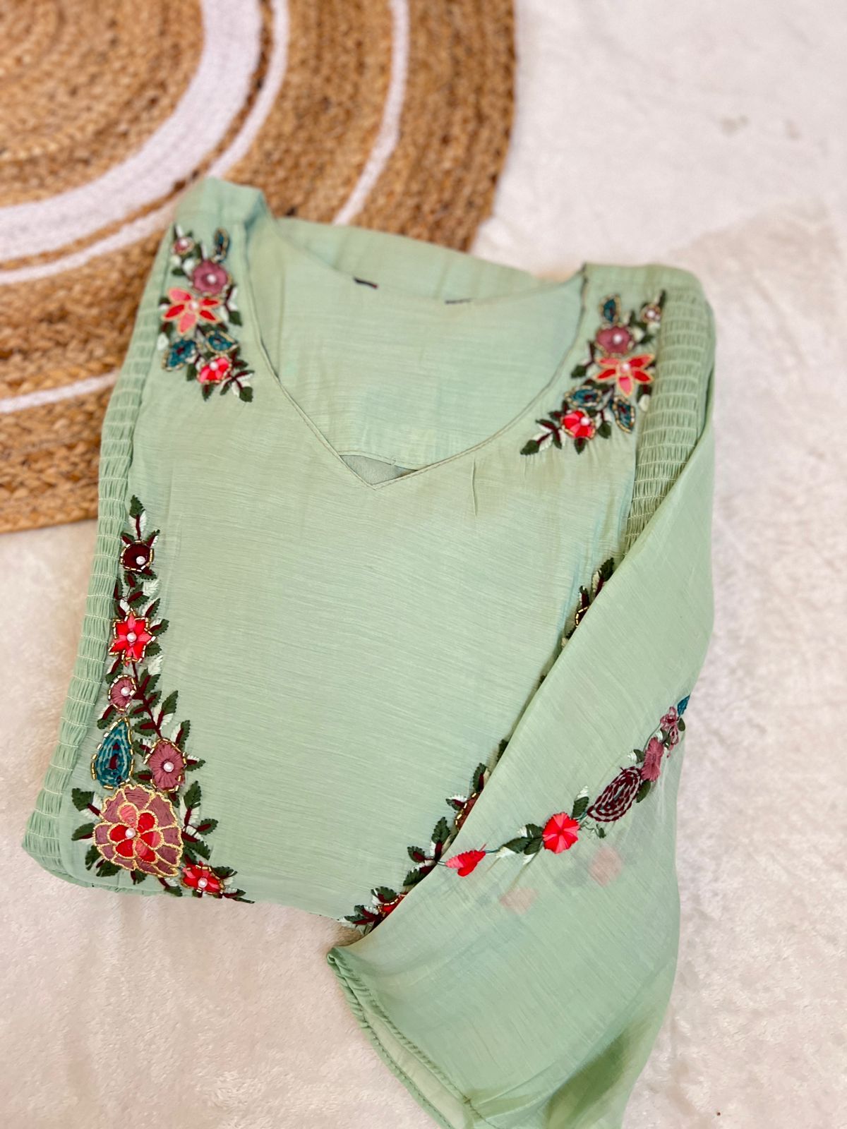 Premium embroidered frock with bell sleeves muslin silk material