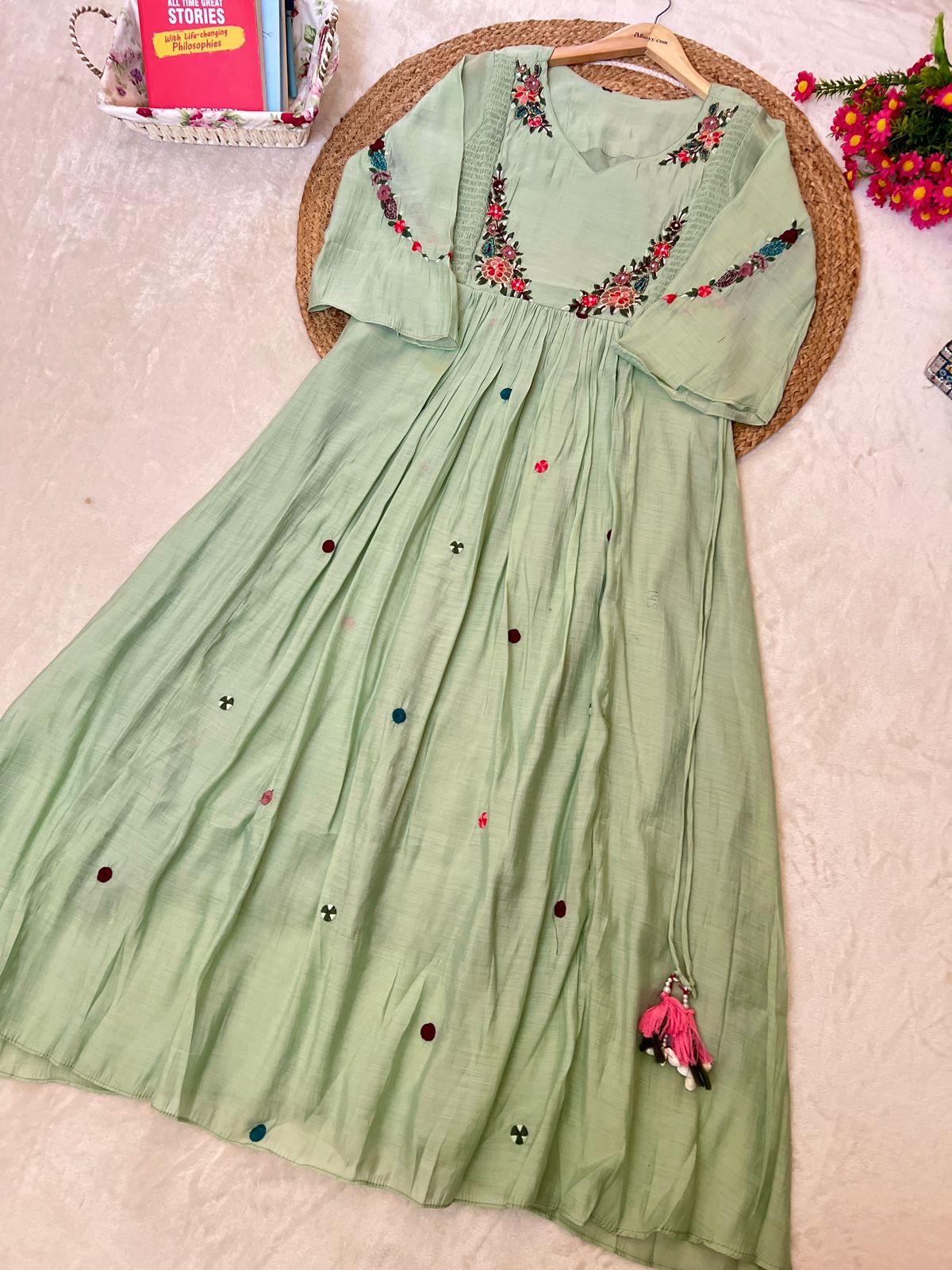 Premium embroidered frock with bell sleeves muslin silk material