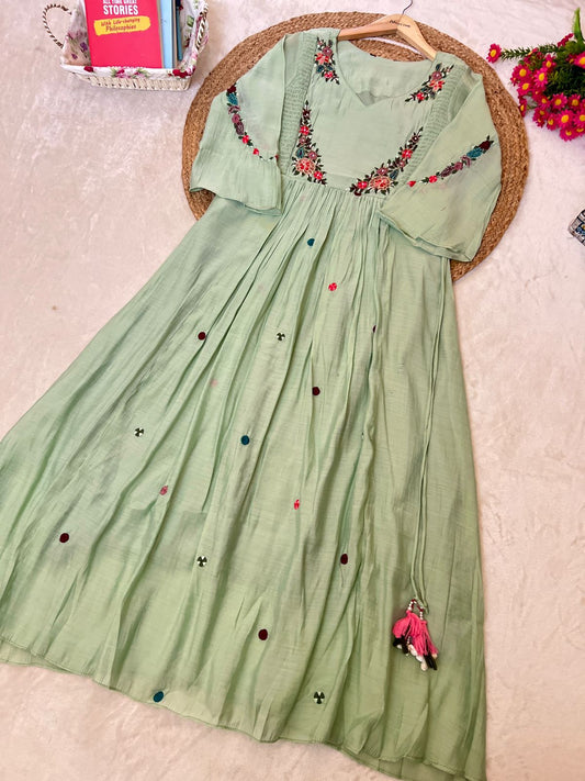 Premium embroidered frock with bell sleeves muslin silk material