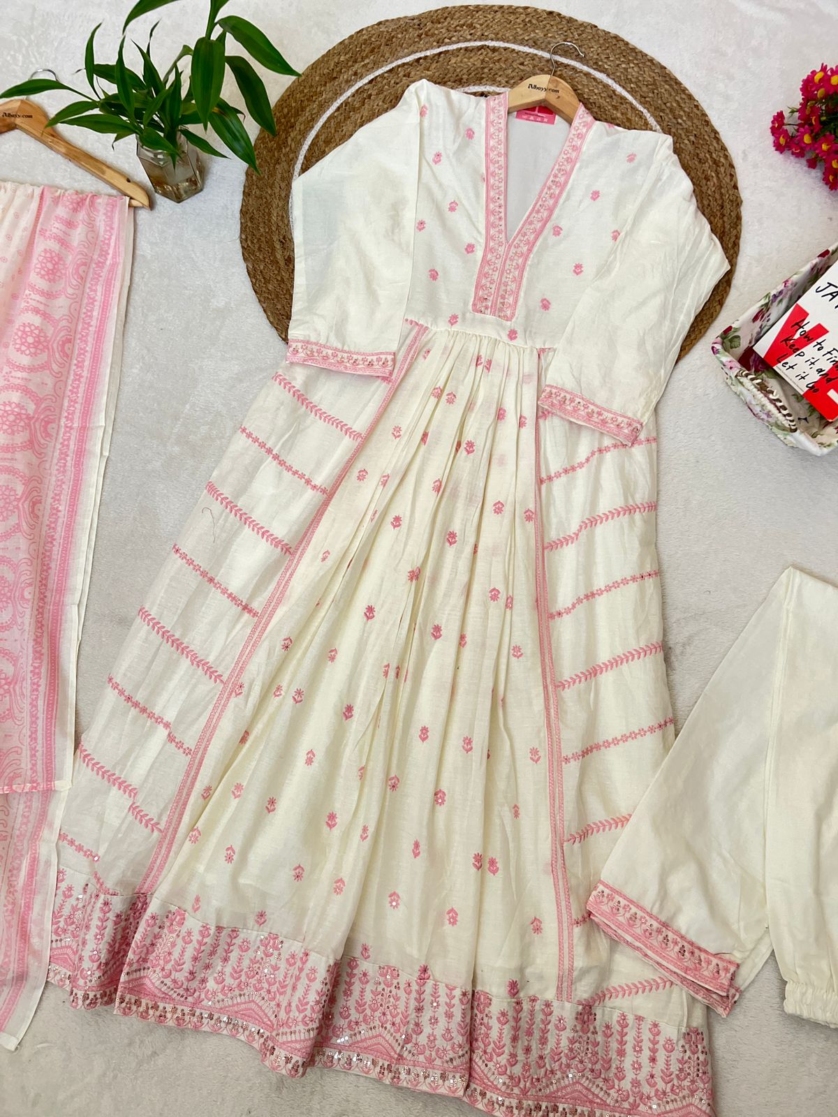 Pure mul cotton dress with all over embroidery