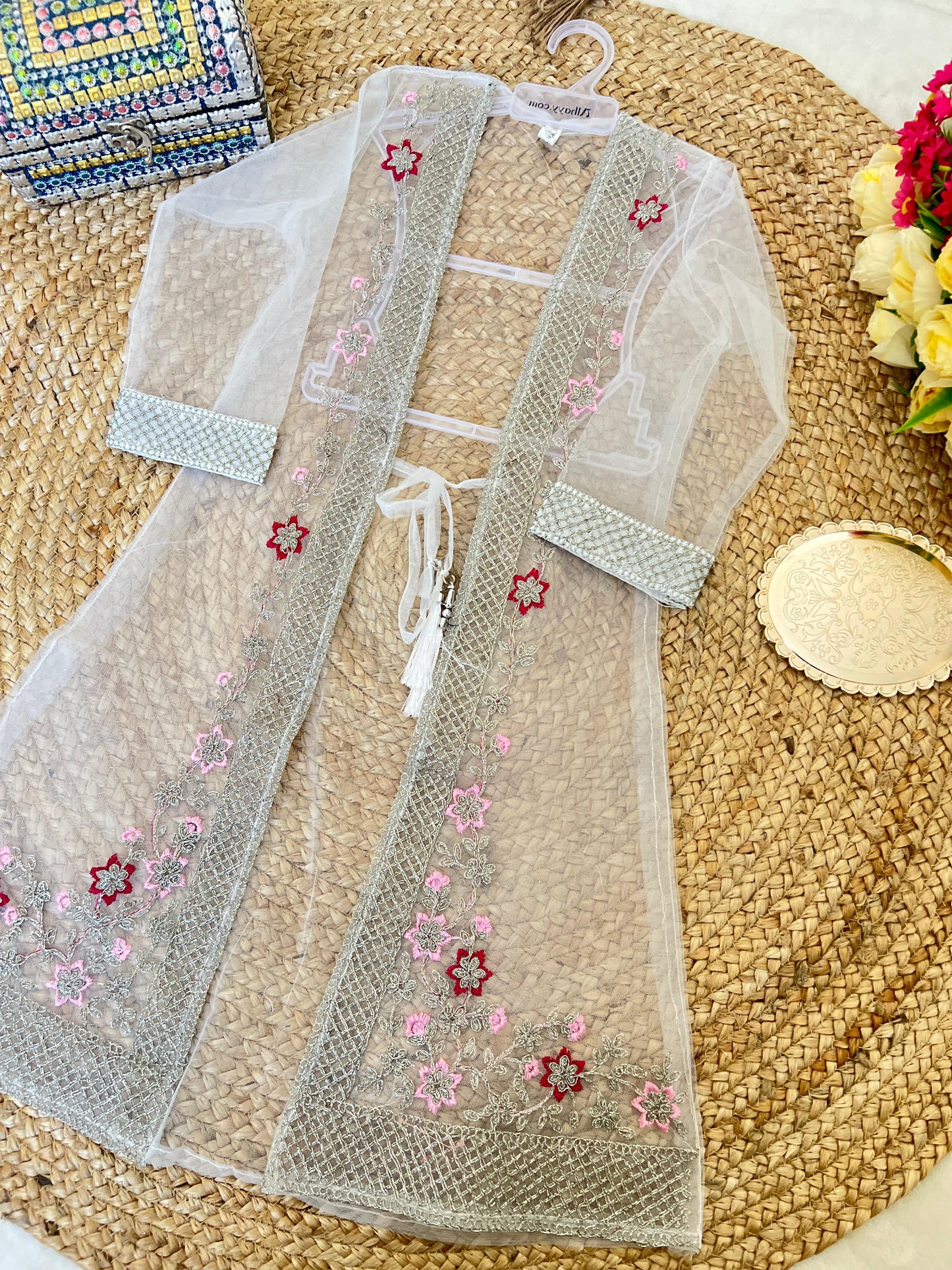 Premium net jacket plazo suit for kids