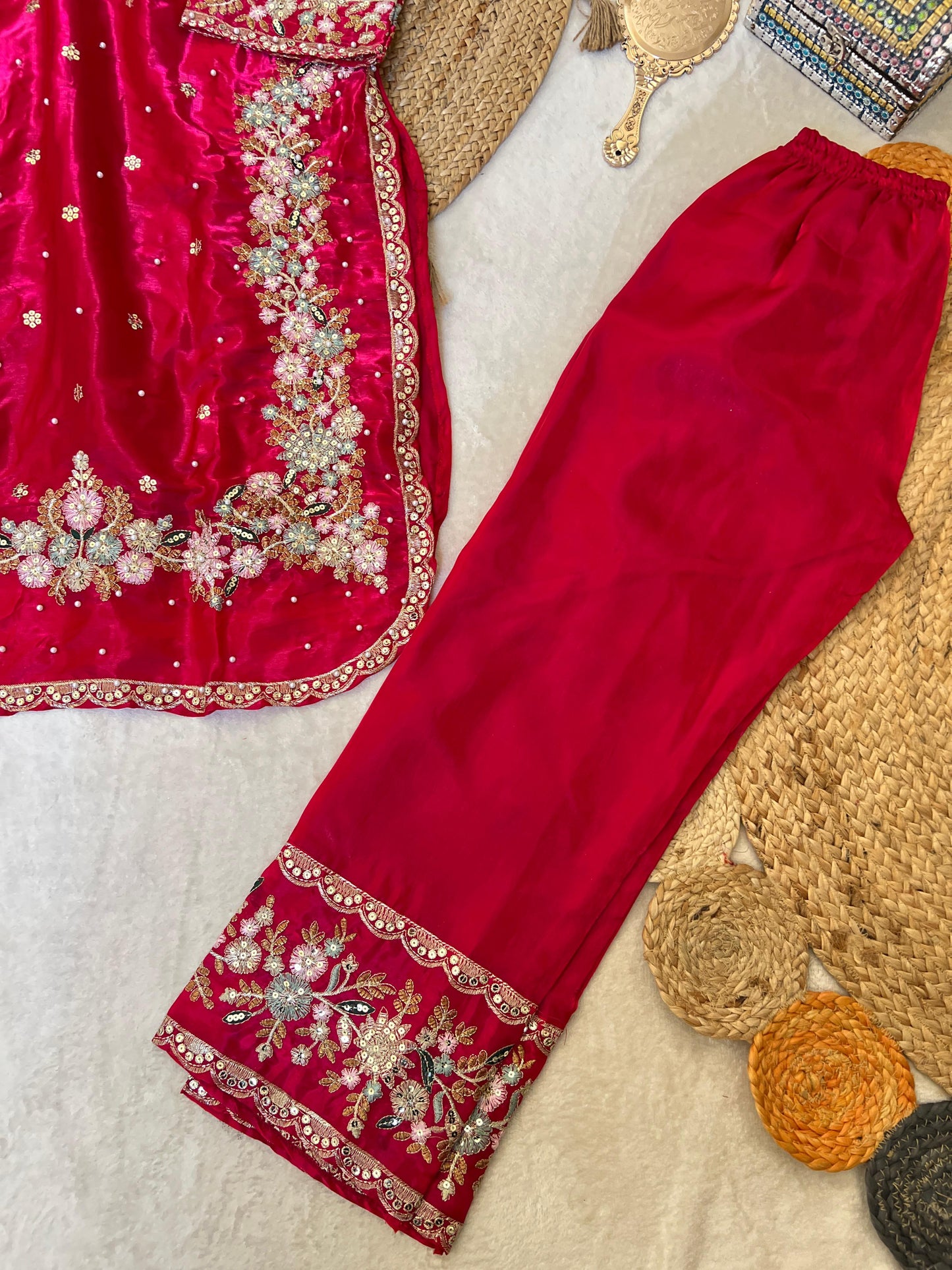 Vibrant crimson red 3 piece silk suit set