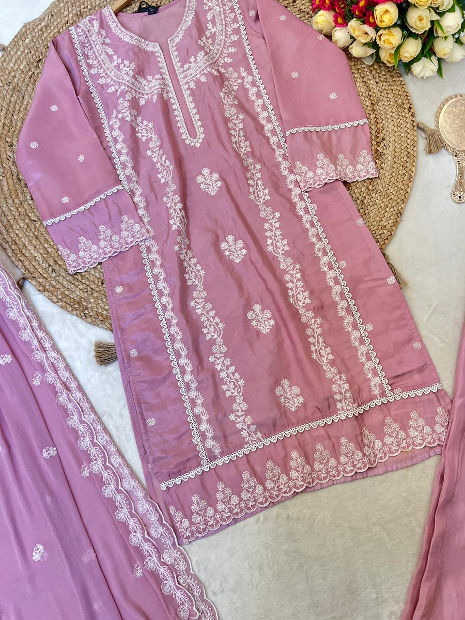Mauve silk embroiderd 3 pc suit set CBPR1044