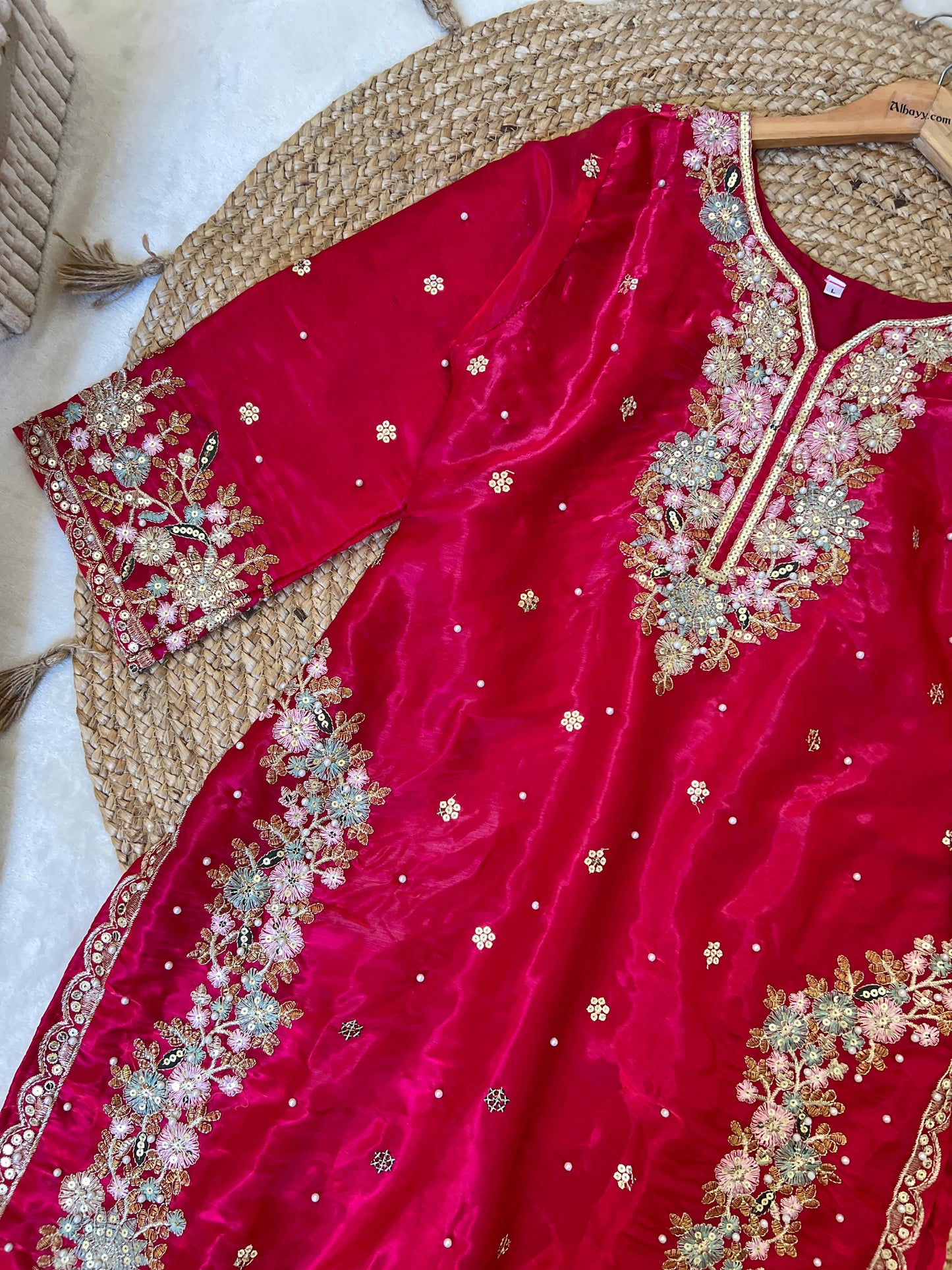 Vibrant crimson red 3 piece silk suit set