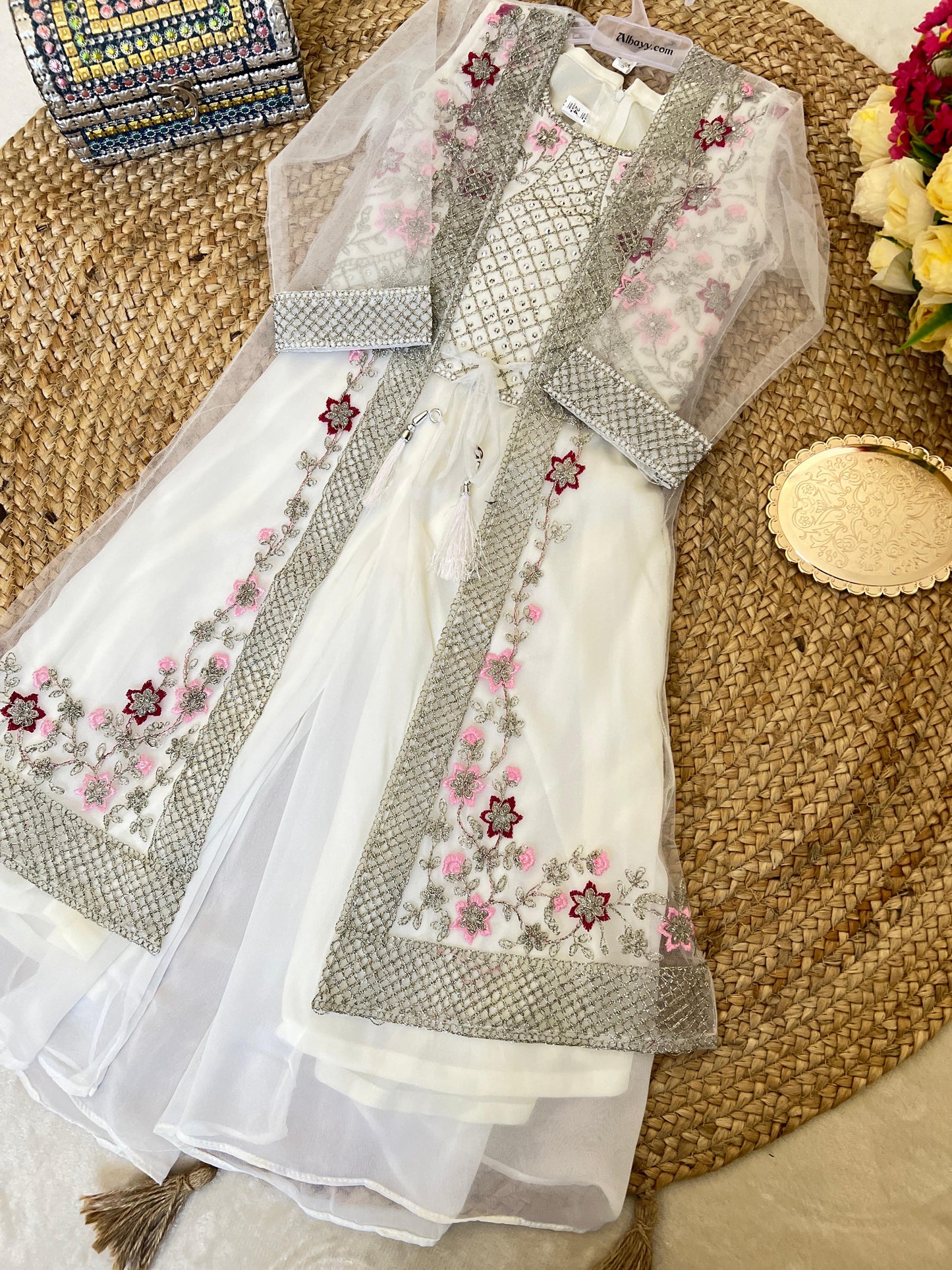 Premium net jacket plazo suit for kids