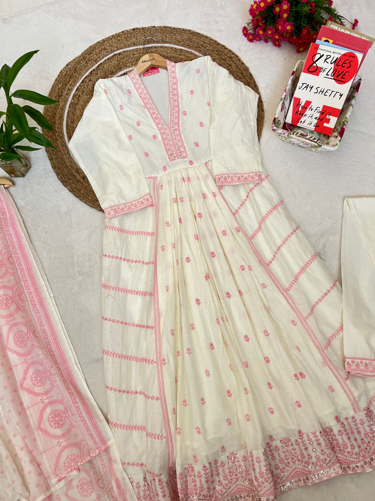 Pure mul cotton dress with all over embroidery