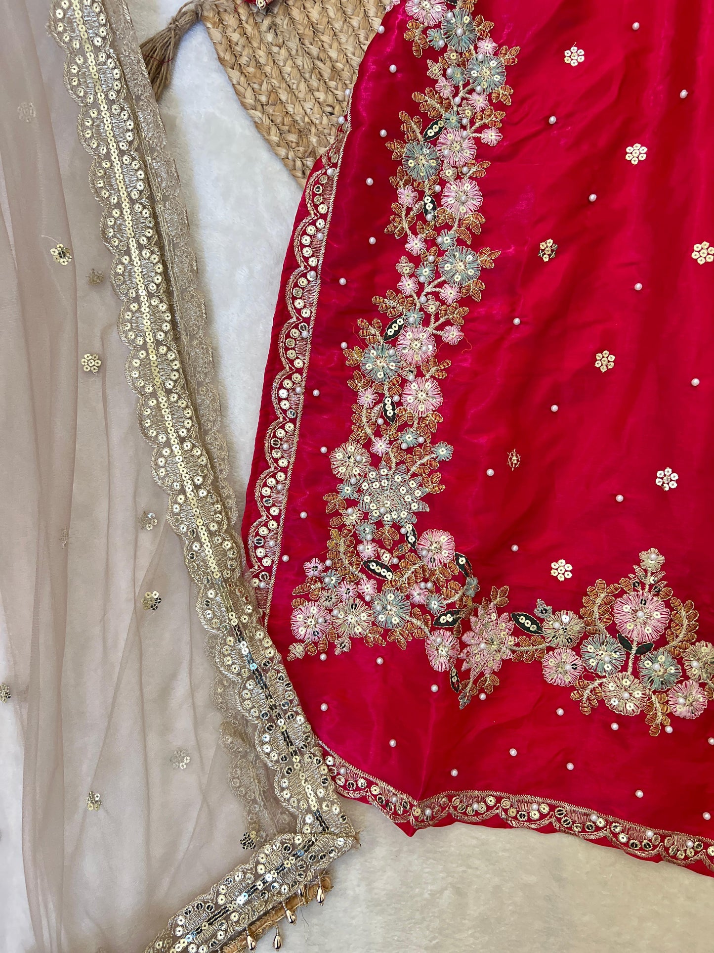 Vibrant crimson red 3 piece silk suit set