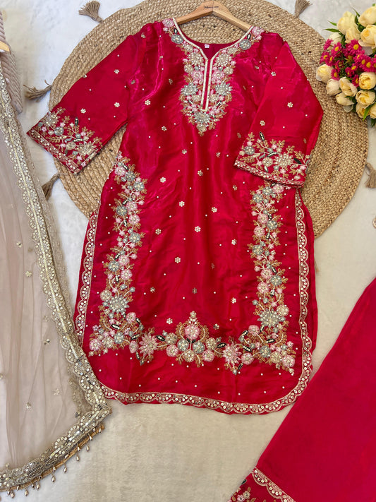 Vibrant crimson red 3 piece silk suit set