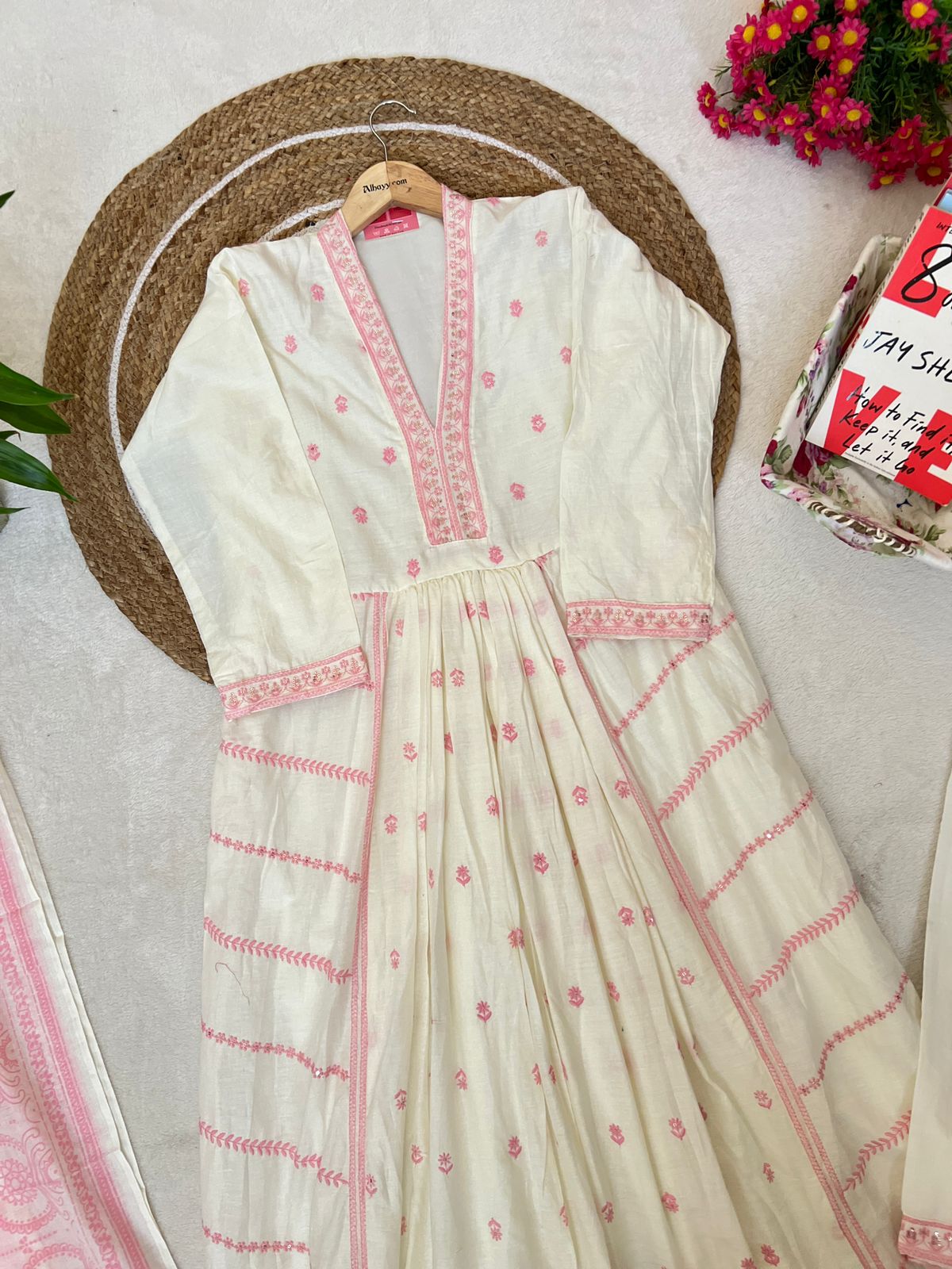 Pure mul cotton dress with all over embroidery