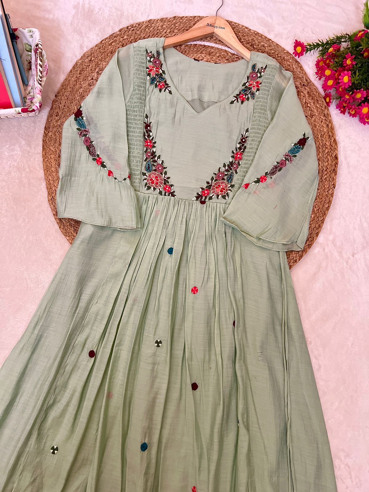 Premium embroidered frock with bell sleeves muslin silk material