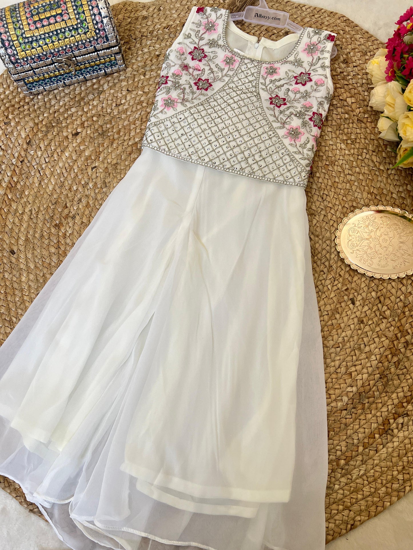 Premium net jacket plazo suit for kids