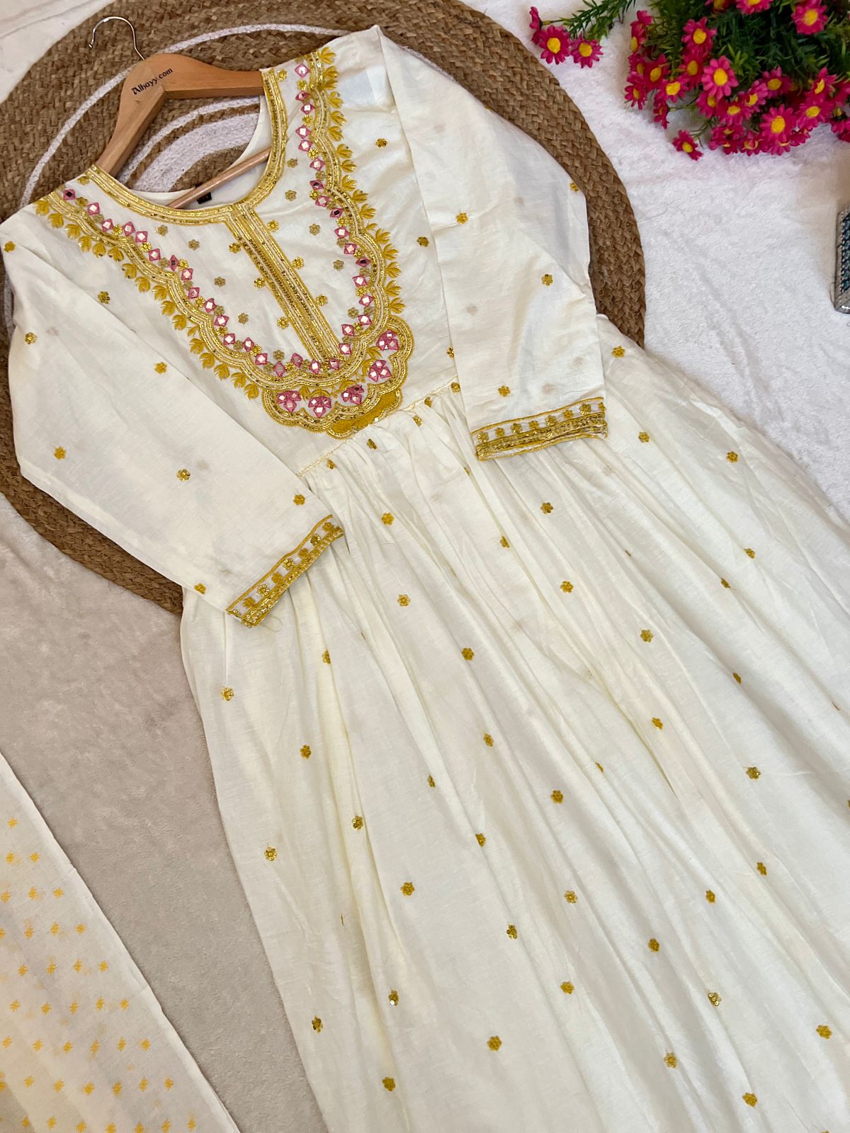 Premium mul cotton dress with embroidery all over frock and pant