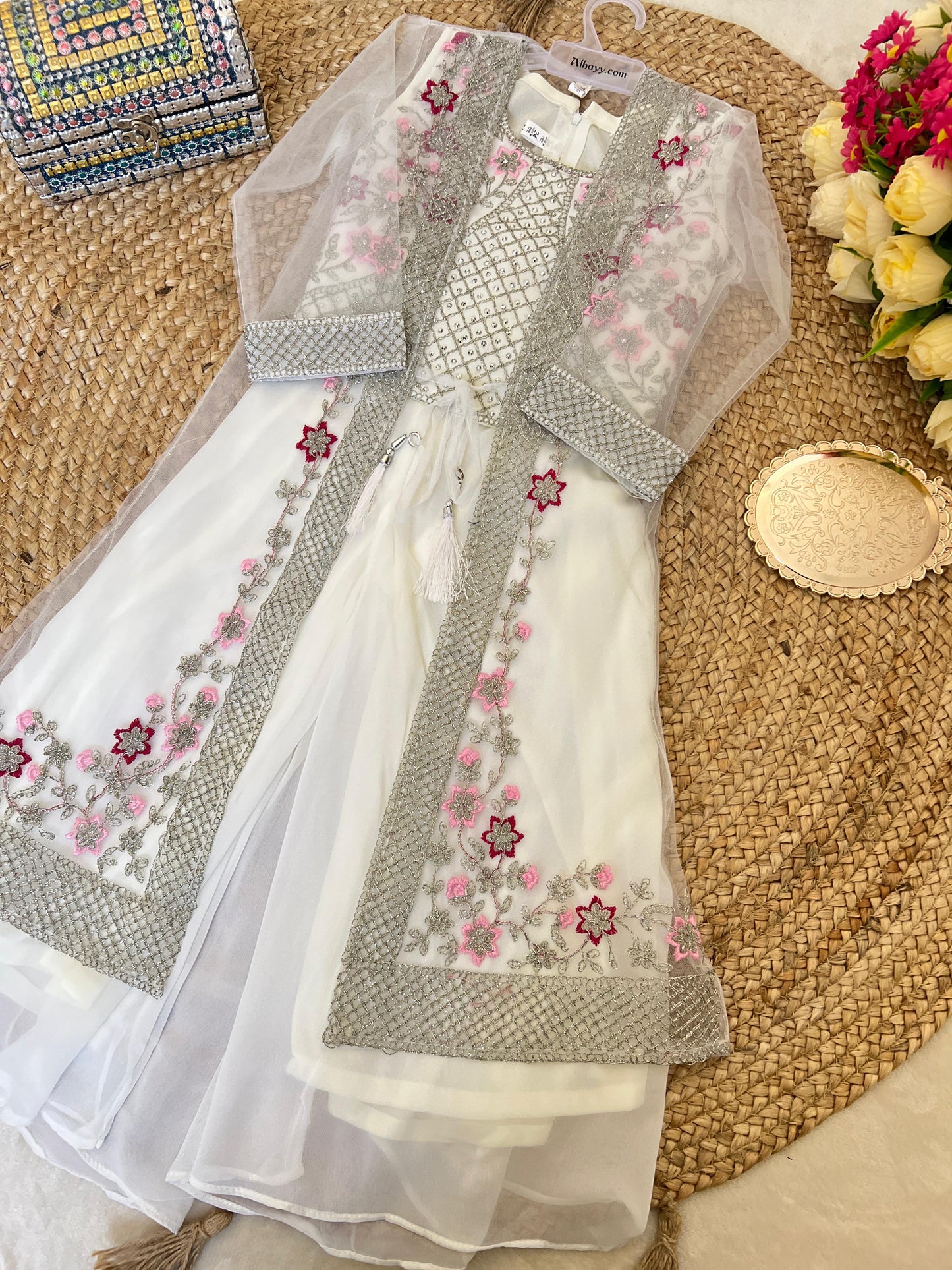 Premium net jacket plazo suit for kids