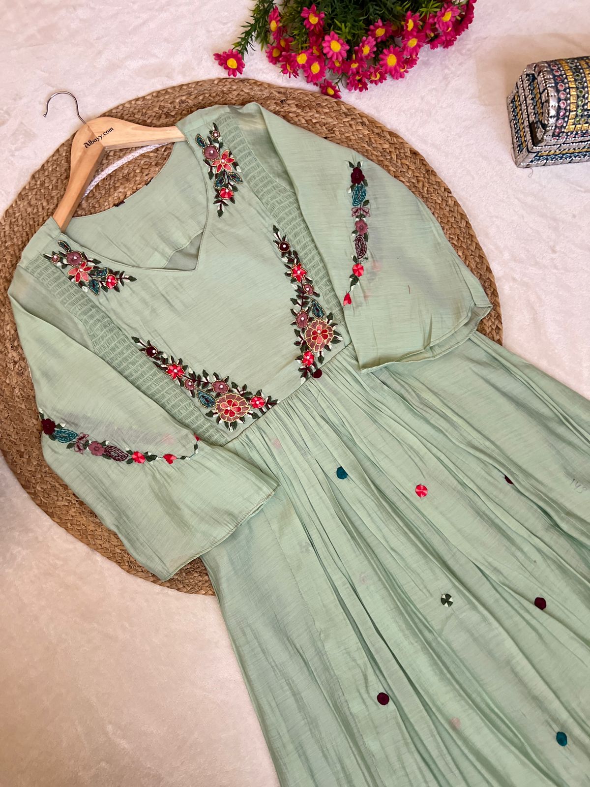 Premium embroidered frock with bell sleeves muslin silk material