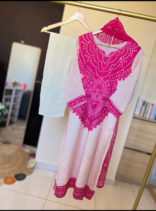 Premium Muslin Dress With Mirror Work on Neck & Banarasi Print